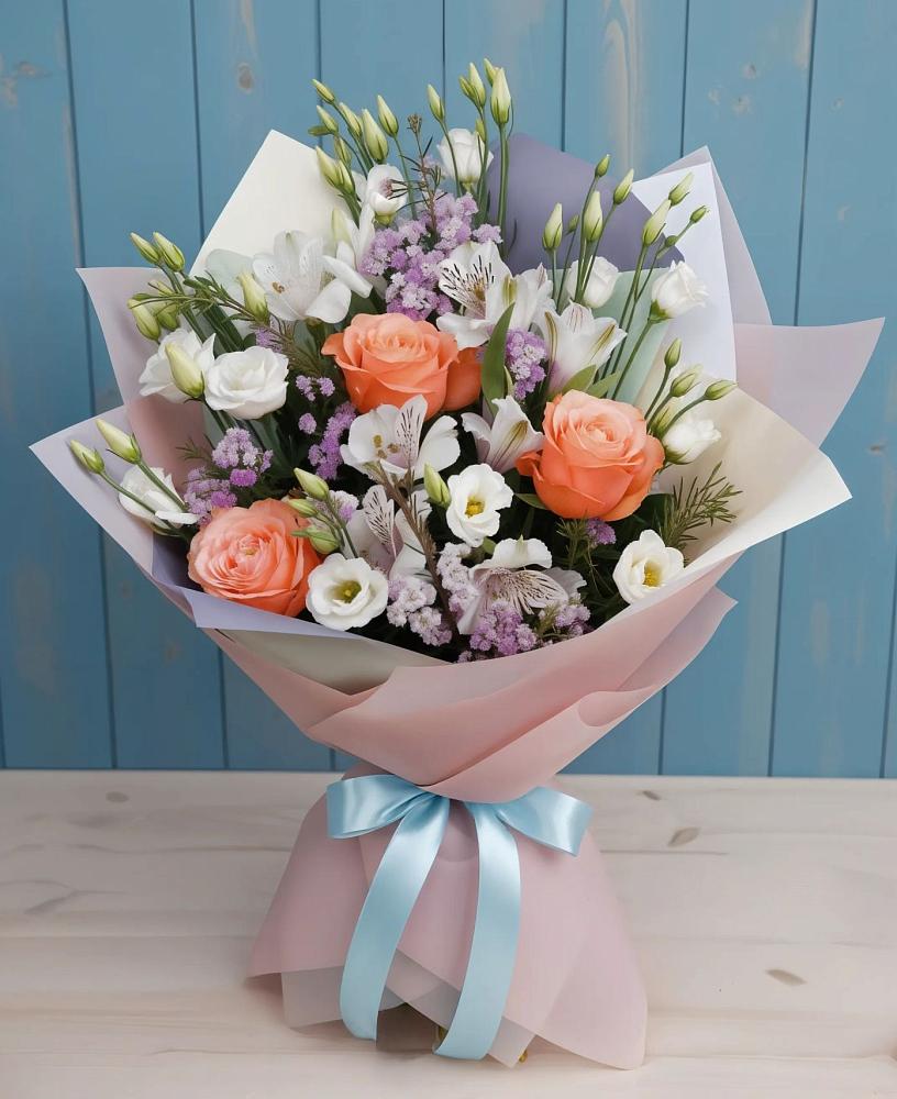 Букет цветов из: Лизиантусы, Розы, Альстромерии и Гипсофила в Кинель-Черкассы