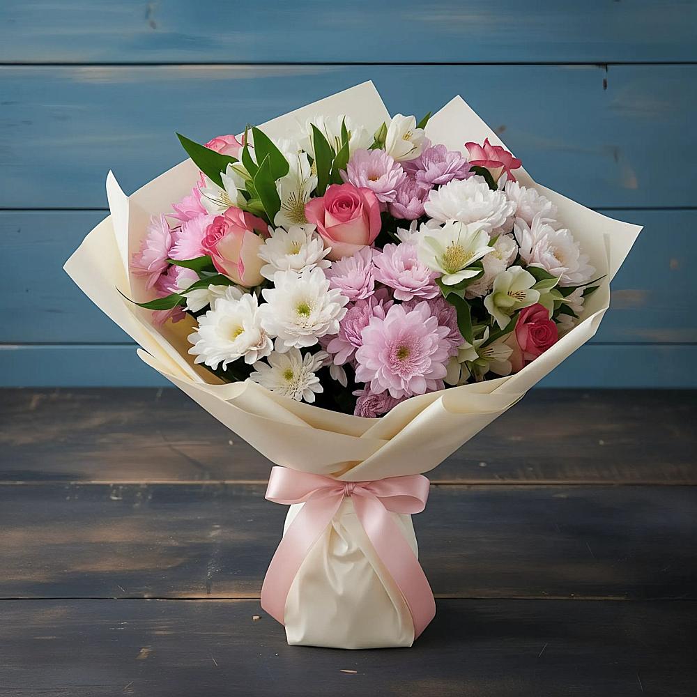 Букет цветов из: Хризантемы, Альстромерии и Розы в Кинель-Черкассы